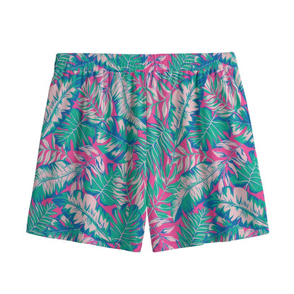 Teal Pink Blossom Tropical Pattern Print Mesh Shorts