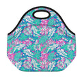 Teal Pink Blossom Tropical Pattern Print Neoprene Lunch Bag