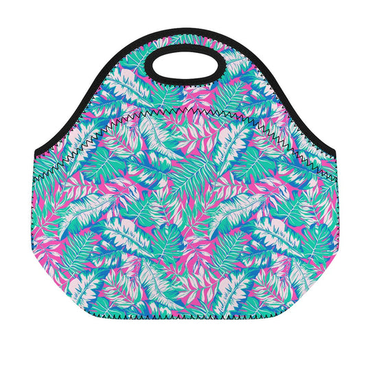 Teal Pink Blossom Tropical Pattern Print Neoprene Lunch Bag