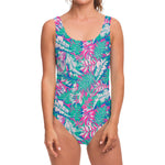 Teal Pink Blossom Tropical Pattern Print One Piece Swimsuit