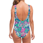 Teal Pink Blossom Tropical Pattern Print One Piece Swimsuit