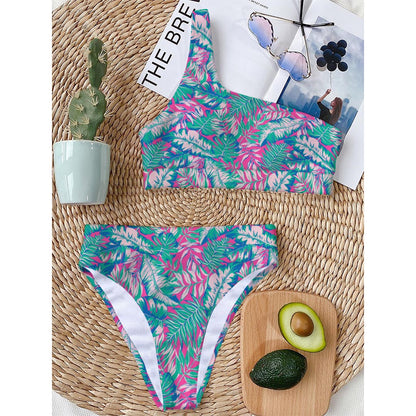 Teal Pink Blossom Tropical Pattern Print One Shoulder Bikini Top