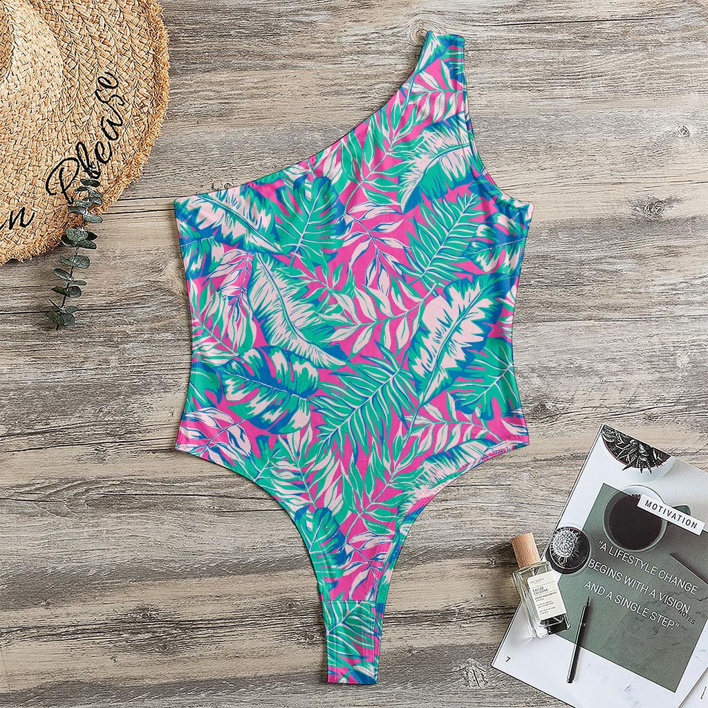 Teal Pink Blossom Tropical Pattern Print One Shoulder Bodysuit