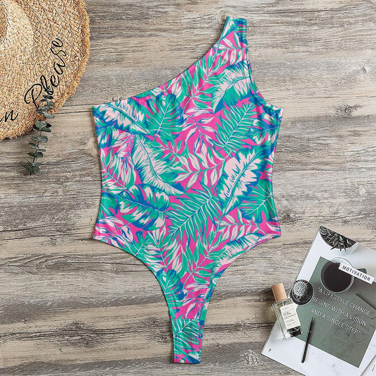 Teal Pink Blossom Tropical Pattern Print One Shoulder Bodysuit