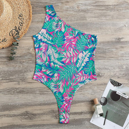 Teal Pink Blossom Tropical Pattern Print One Shoulder Bodysuit