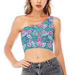Teal Pink Blossom Tropical Pattern Print One Shoulder Crop Top