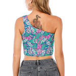 Teal Pink Blossom Tropical Pattern Print One Shoulder Crop Top