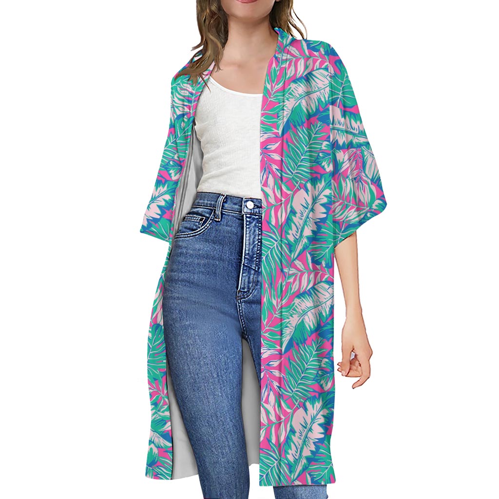 Teal Pink Blossom Tropical Pattern Print Open Front Beach Cover Up