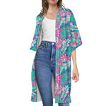 Teal Pink Blossom Tropical Pattern Print Open Front Beach Cover Up