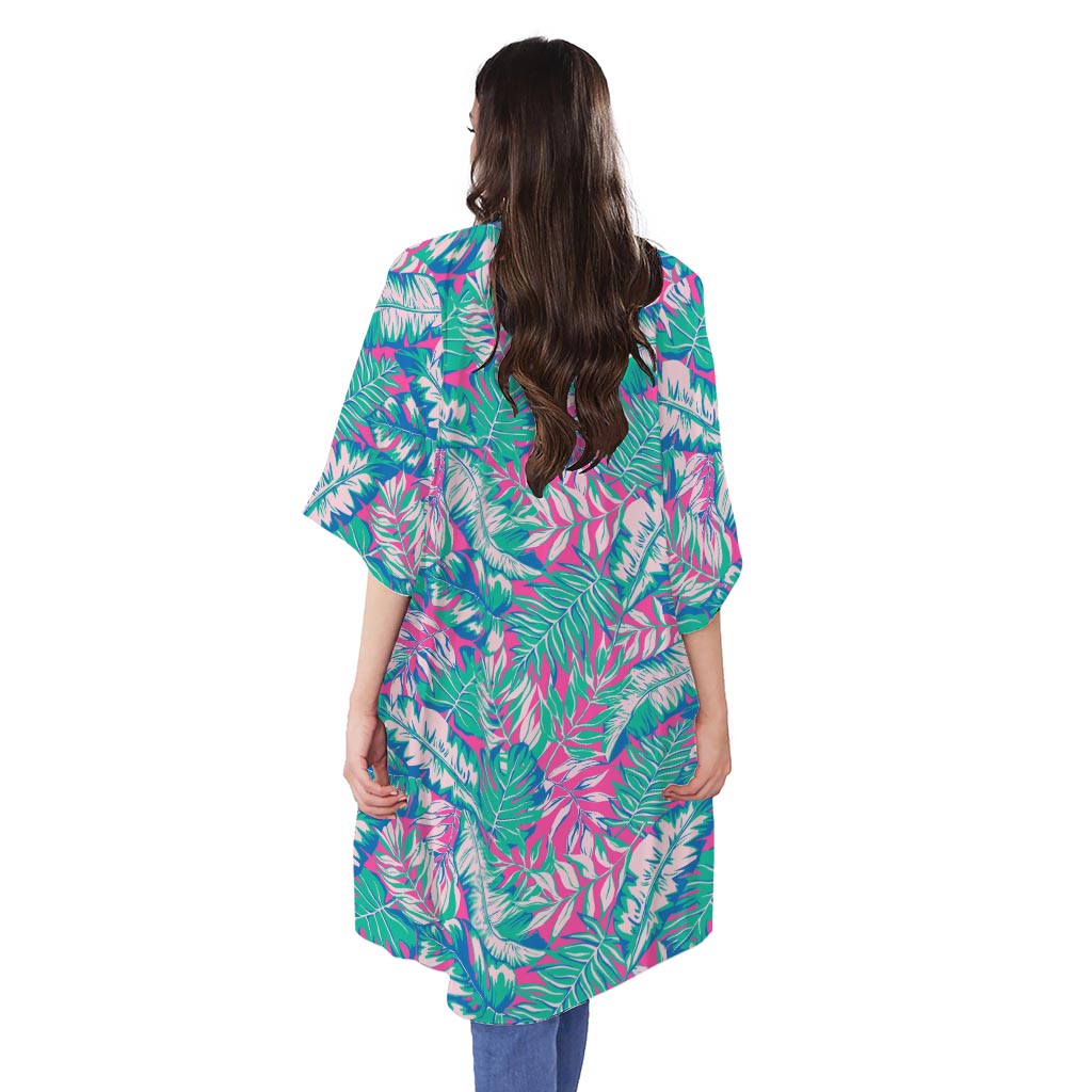 Teal Pink Blossom Tropical Pattern Print Open Front Beach Cover Up