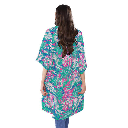 Teal Pink Blossom Tropical Pattern Print Open Front Beach Cover Up