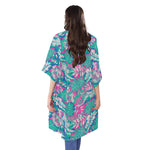 Teal Pink Blossom Tropical Pattern Print Open Front Beach Cover Up