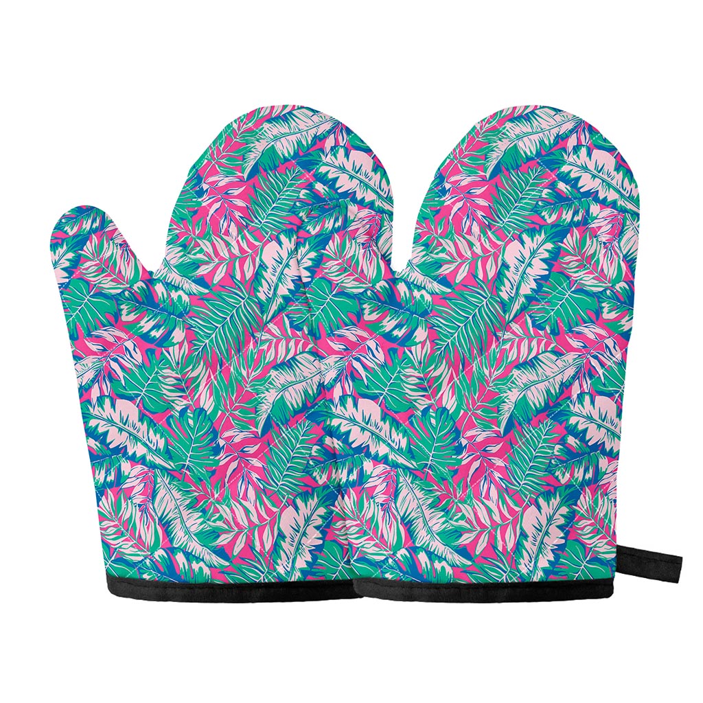 Teal Pink Blossom Tropical Pattern Print Oven Mitts