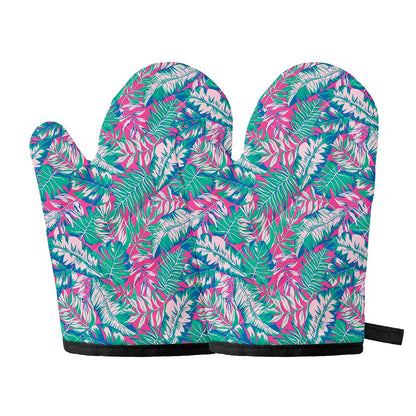 Teal Pink Blossom Tropical Pattern Print Oven Mitts