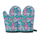 Teal Pink Blossom Tropical Pattern Print Oven Mitts