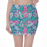 Teal Pink Blossom Tropical Pattern Print Pencil Mini Skirt