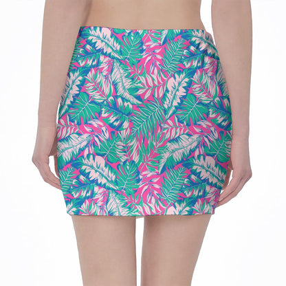 Teal Pink Blossom Tropical Pattern Print Pencil Mini Skirt