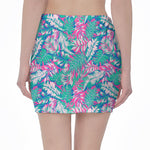 Teal Pink Blossom Tropical Pattern Print Pencil Mini Skirt