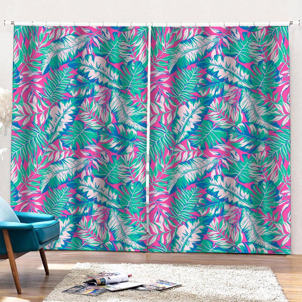 Teal Pink Blossom Tropical Pattern Print Pencil Pleat Curtains