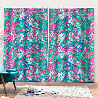 Teal Pink Blossom Tropical Pattern Print Pencil Pleat Curtains