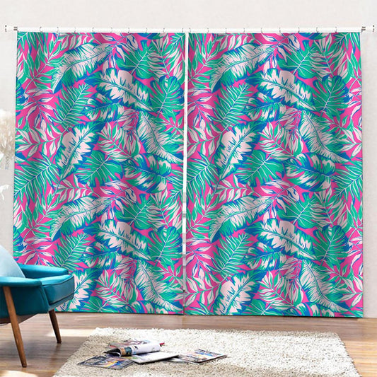 Teal Pink Blossom Tropical Pattern Print Pencil Pleat Curtains