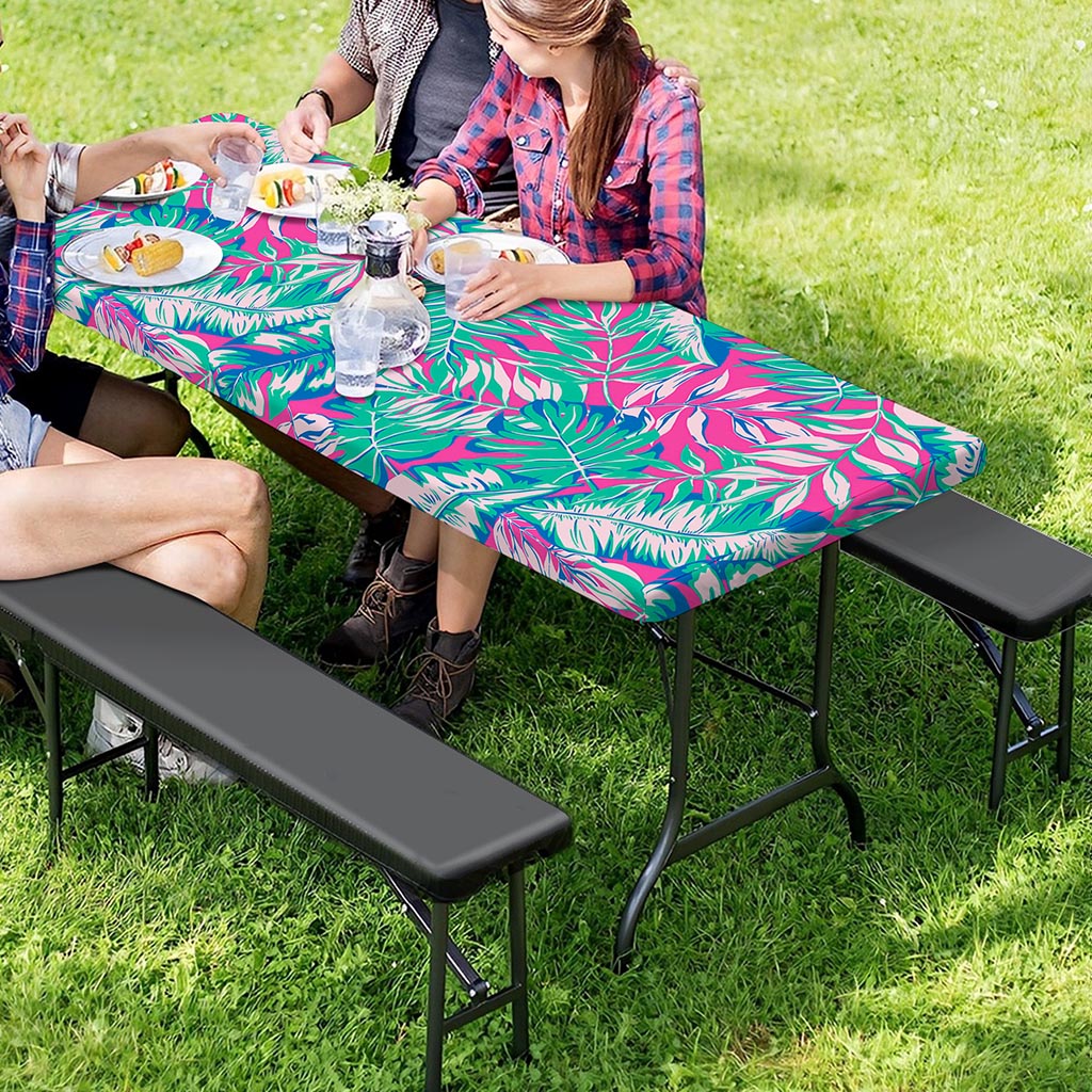 Teal Pink Blossom Tropical Pattern Print Picnic Table Cover