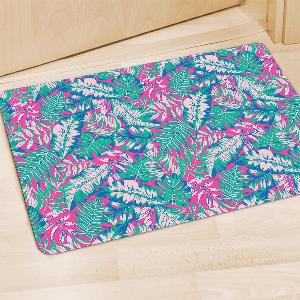Teal Pink Blossom Tropical Pattern Print Polyester Doormat