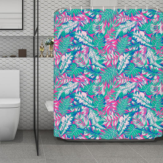 Teal Pink Blossom Tropical Pattern Print Polyester Shower Curtain