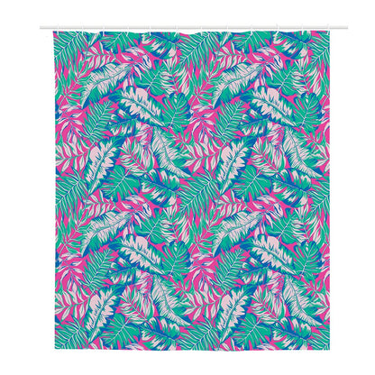 Teal Pink Blossom Tropical Pattern Print Polyester Shower Curtain