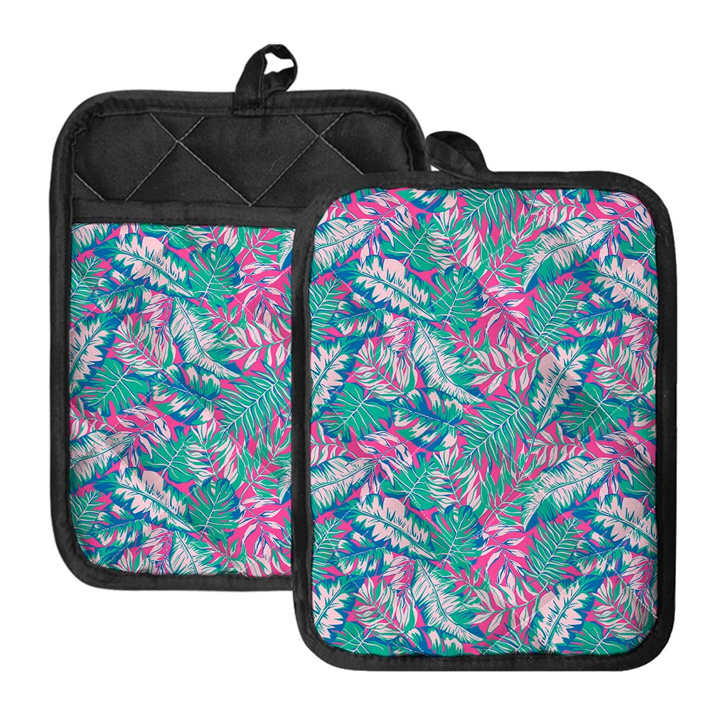 Teal Pink Blossom Tropical Pattern Print Pot Holders With Pocket