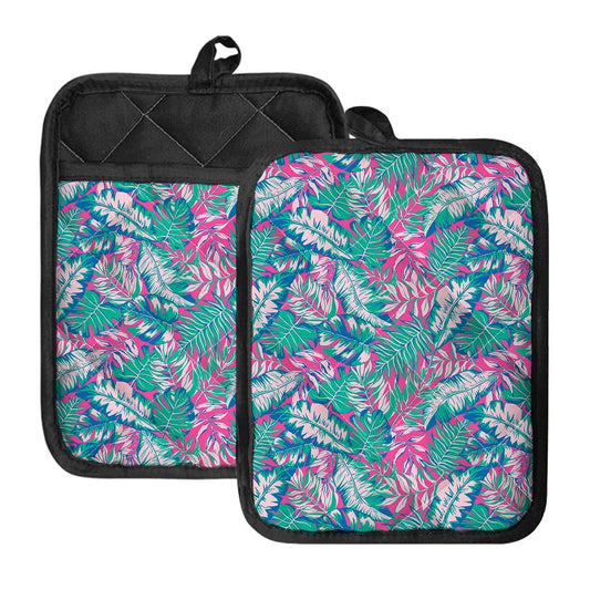 Teal Pink Blossom Tropical Pattern Print Pot Holders With Pocket