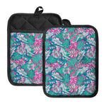 Teal Pink Blossom Tropical Pattern Print Pot Holders With Pocket