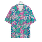 Teal Pink Blossom Tropical Pattern Print Rayon Hawaiian Shirt