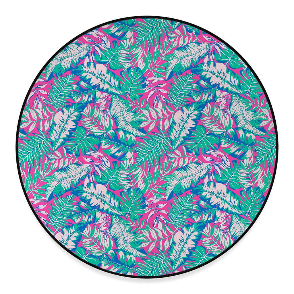Teal Pink Blossom Tropical Pattern Print Round Floor Mat