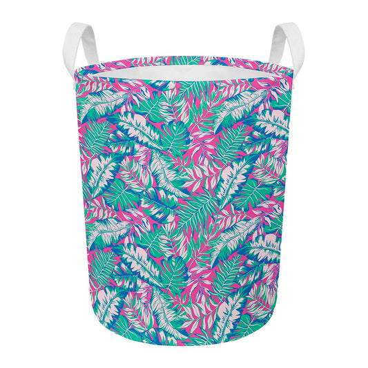 Teal Pink Blossom Tropical Pattern Print Round Laundry Basket