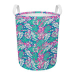 Teal Pink Blossom Tropical Pattern Print Round Laundry Basket