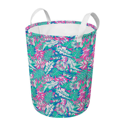Teal Pink Blossom Tropical Pattern Print Round Laundry Basket