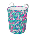 Teal Pink Blossom Tropical Pattern Print Round Laundry Basket