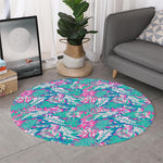 Teal Pink Blossom Tropical Pattern Print Round Rug