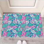 Teal Pink Blossom Tropical Pattern Print Rubber Doormat