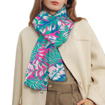 Teal Pink Blossom Tropical Pattern Print Scarf