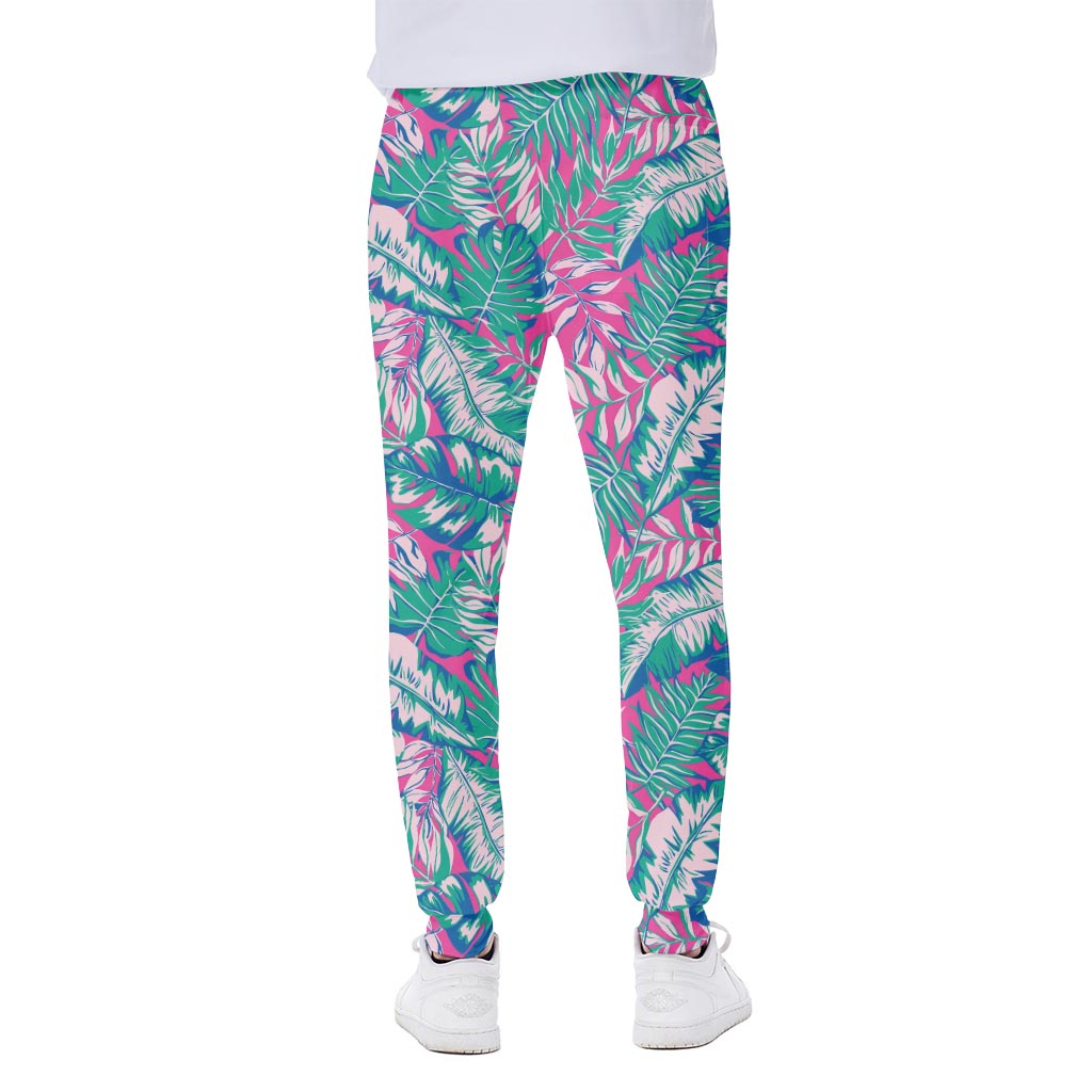 Teal Pink Blossom Tropical Pattern Print Scuba Joggers