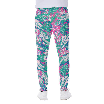 Teal Pink Blossom Tropical Pattern Print Scuba Joggers