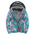 Teal Pink Blossom Tropical Pattern Print Sherpa Lined Zip Up Hoodie