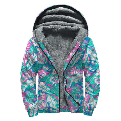 Teal Pink Blossom Tropical Pattern Print Sherpa Lined Zip Up Hoodie