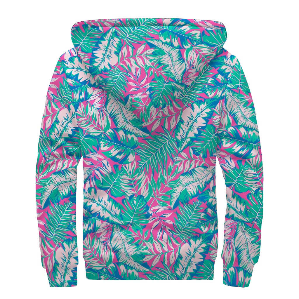 Teal Pink Blossom Tropical Pattern Print Sherpa Lined Zip Up Hoodie