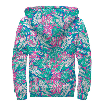 Teal Pink Blossom Tropical Pattern Print Sherpa Lined Zip Up Hoodie