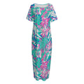 Teal Pink Blossom Tropical Pattern Print Short Sleeve Long Nightdress