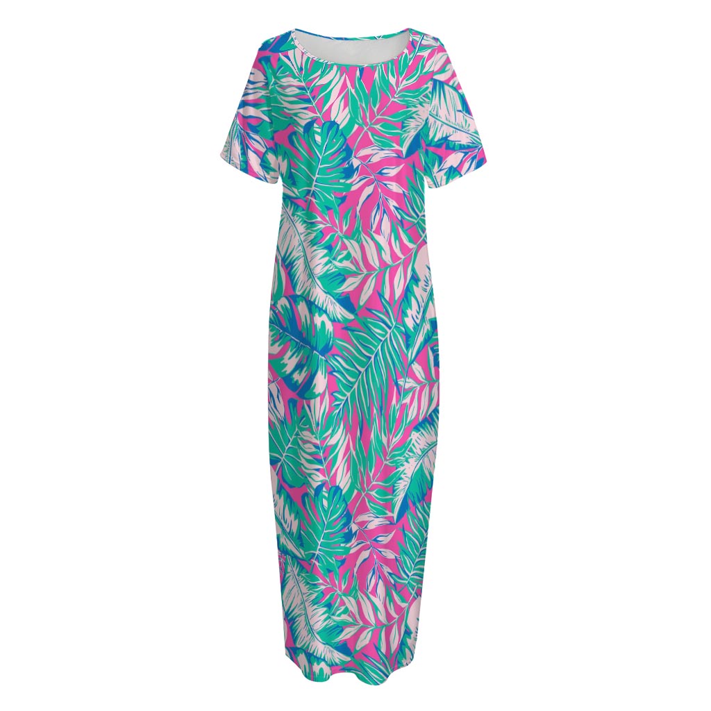 Teal Pink Blossom Tropical Pattern Print Short Sleeve Long Nightdress