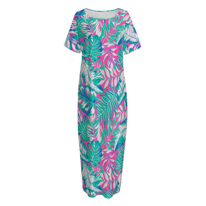 Teal Pink Blossom Tropical Pattern Print Short Sleeve Long Nightdress